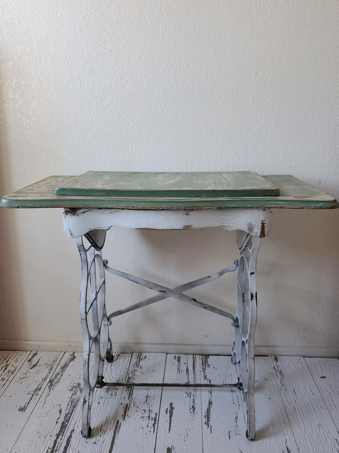 Vintage Cast Iron Sewing Machine Base With Sage Green Painted and