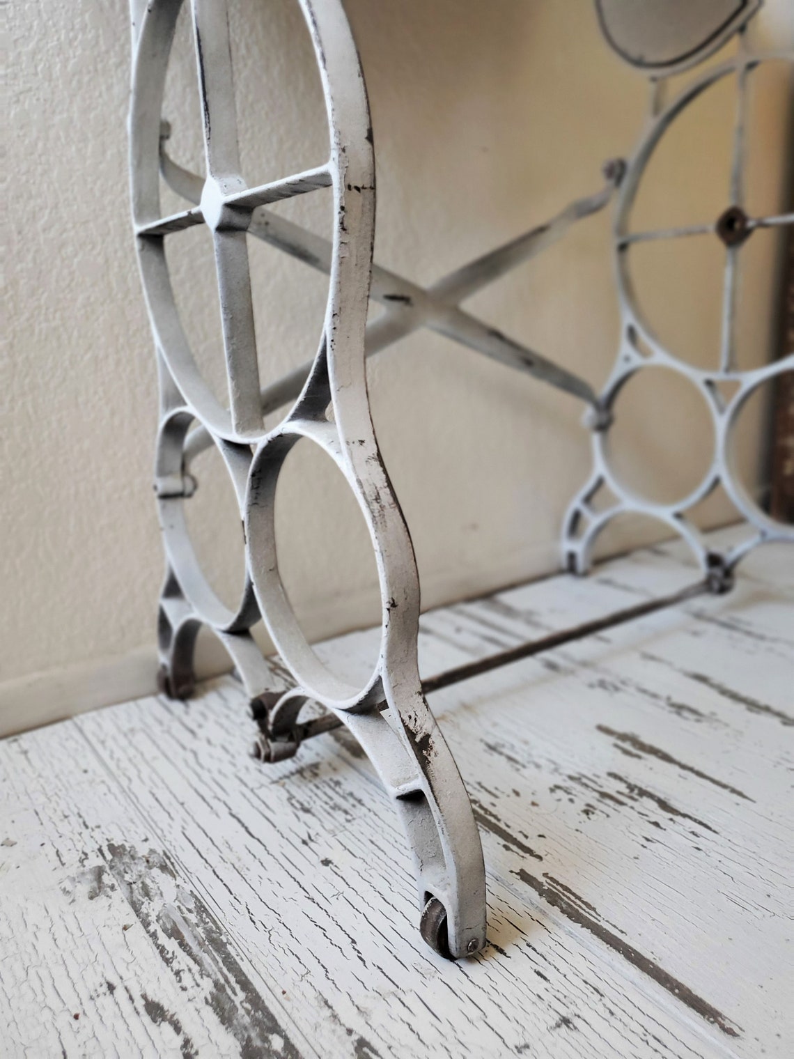 Vintage Cast Iron Sewing Machine Base With Sage Green Painted and Distressed Original Wood Top