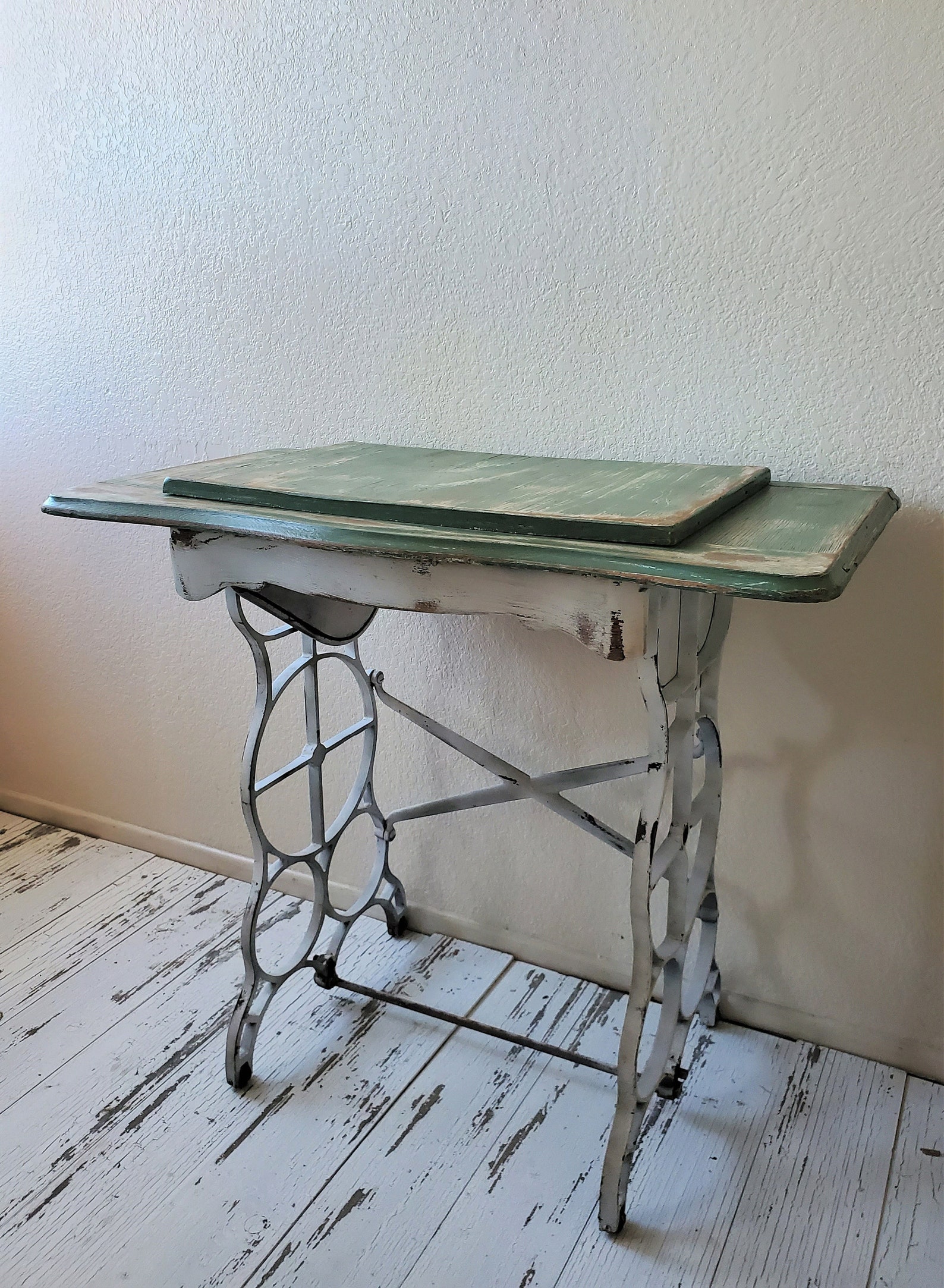 Vintage Cast Iron Sewing Machine Base With Sage Green Painted and Distressed Original Wood Top