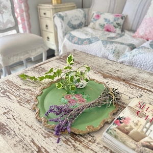 Teal green painted decorative Silver tray with adorable hand-painting flowers centered