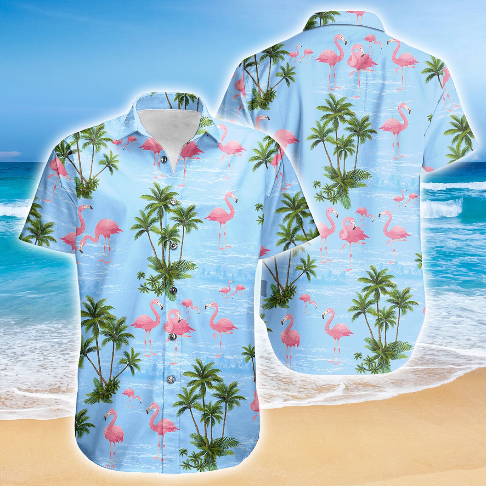 Made in Hawaii Mens Hawaiian Shirt Aloha Shirt Pink Flamingos Blue