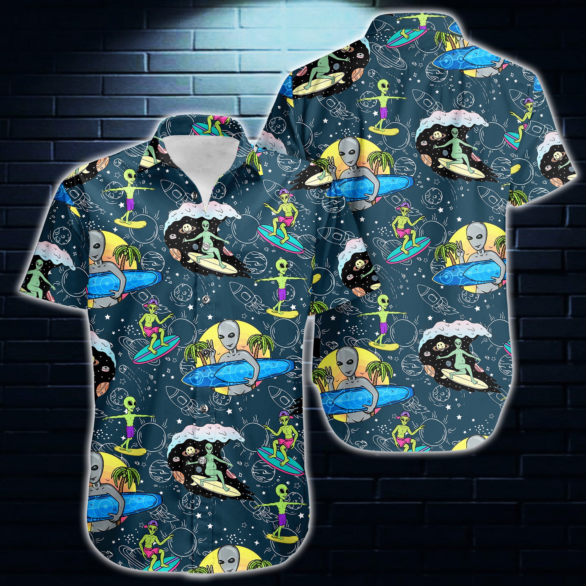 Alien Surfing Hawaiian Shirt Alien Button Up Shirt Funny Alien Hawaiian Shirt