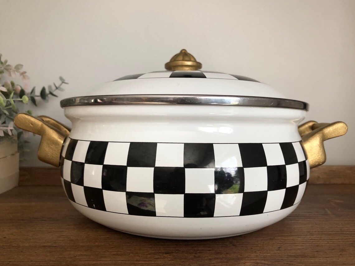 Rare Black and White Checkered Enamel Pot and Lid Brass Etsy