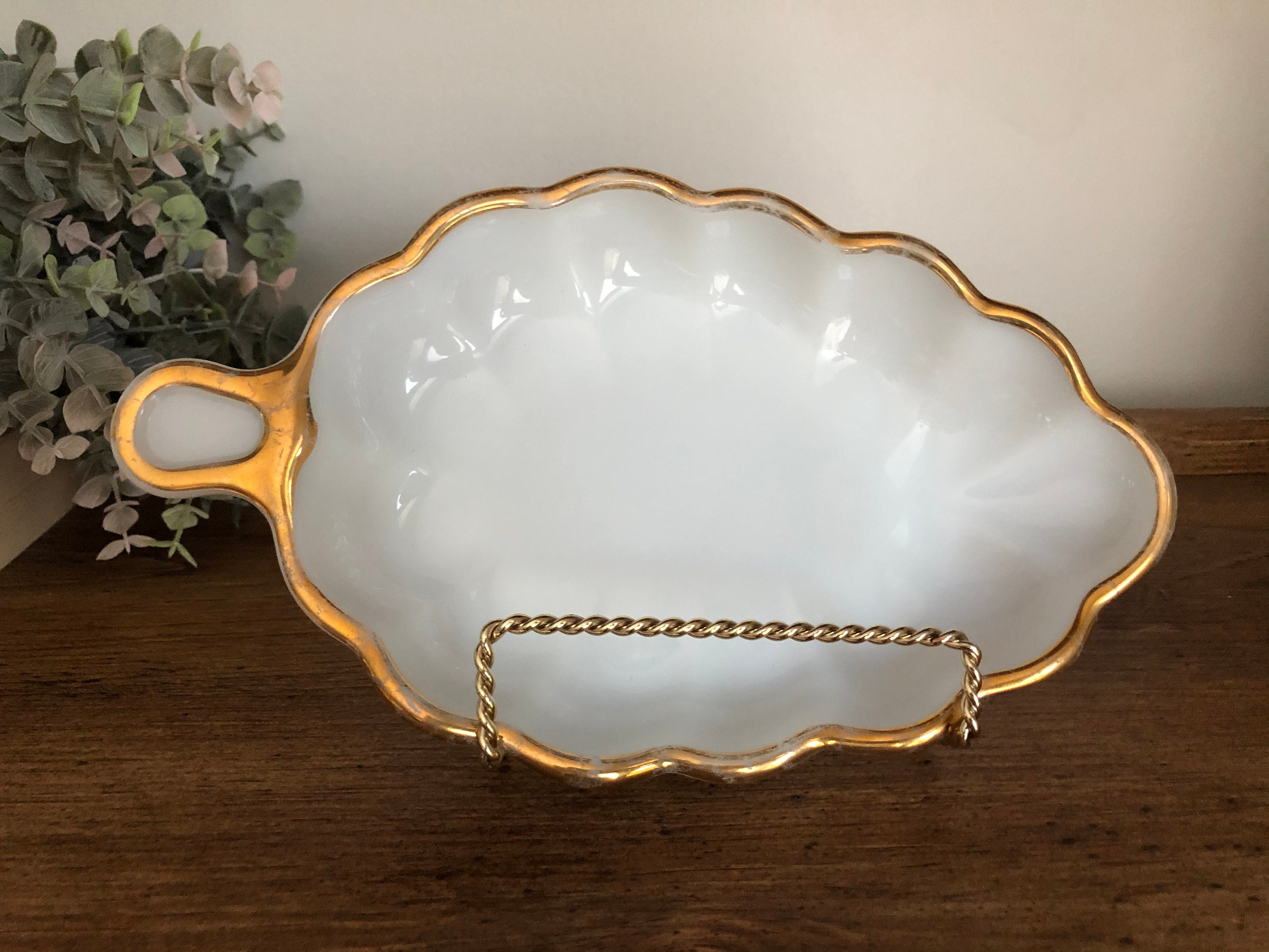 Vintage Milk Glass Serving Dish w/ Gold Trim Leaf Shape Etsy