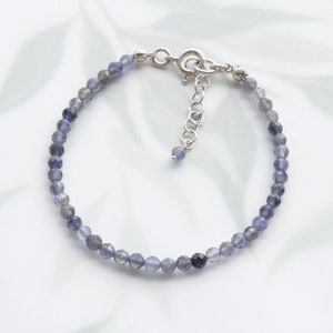 Dainty iolite bracelet for women in sterling silver, water sapphire bracelet, birthday gift for wife, blue gemstone bracelet