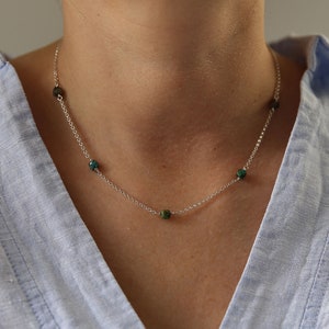 Natural turquoise necklaces for women, sterling silver dainty turquoise cube choker necklace, 50th birthday gift for women, gift for mom