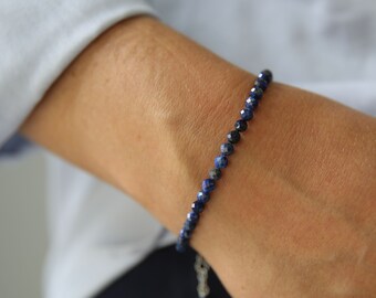 Dainty Lapis Lazuli Bracelet: Sterling Silver, Adjustable Beaded Bracelet