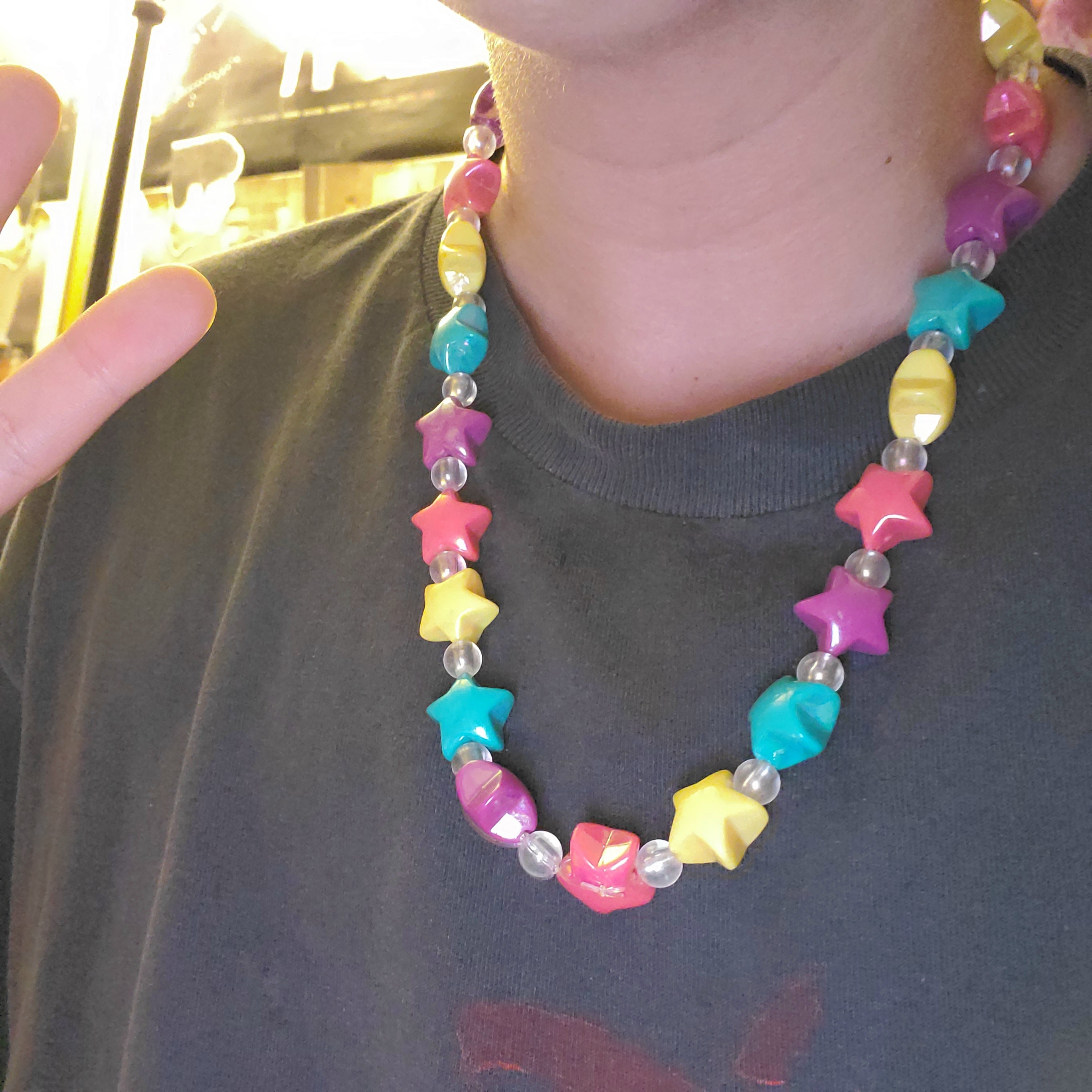 Colorful star and clear bead necklace with stretchy string Etsy