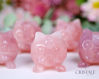 ローズクォーツプリン、クリスタル彫刻、プリンクリスタル、ポケモン、ヒーリングクリスタル、クリスタル彫刻、プリンの置物