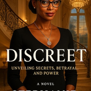 May include: Book cover featuring a woman wearing glasses and a black dress. The title "DISCREET" is prominently displayed, with the subtitle "Unveiling Secrets, Betrayal, and Power." The author's name, Stephanie Lanier, is also visible.