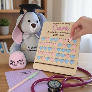 May include: A midwifery graduation gift set. It includes a plush bunny wearing a mortarboard, a wooden heart chart, a stethoscope, and a notebook. The chart is personalized with a name and university details. The bunny has a pink and blue color scheme.