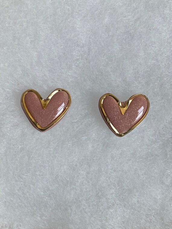 Gold trim pink heart studs, polymer clay earrings, heart clay earrings