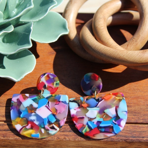 Multicolor Resin Earrings, Acetate Earrings, Multicolor Earrings, Colorful Earrings, Colorful Dangle Earrings, Stocking Stuffer Earrings