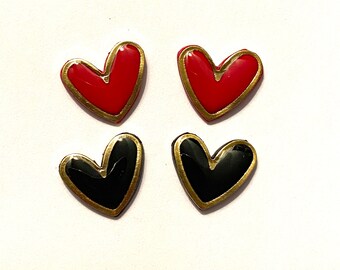 Gold trim heart studs, black heart studs, red heart studs, heart earrings