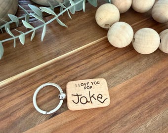 Personalised Kids Handwriting Keychain, Custom Handwriting Keychain, Fathers Day Gift, Engraved Wood Keychain, Gift From Kids, Dad Keychain