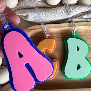Retro Initial Bag Tag | Schoolbag Tag | Acrylic Name Tag | Kindy Daycare Bag Tag Loop
