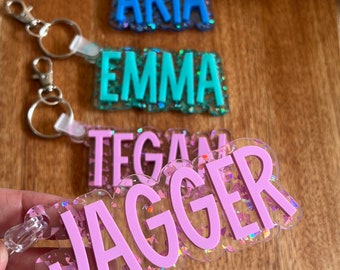 Glitter Acrylic Name Tag: Personalized Tinsel Keychain, Backpack Tag