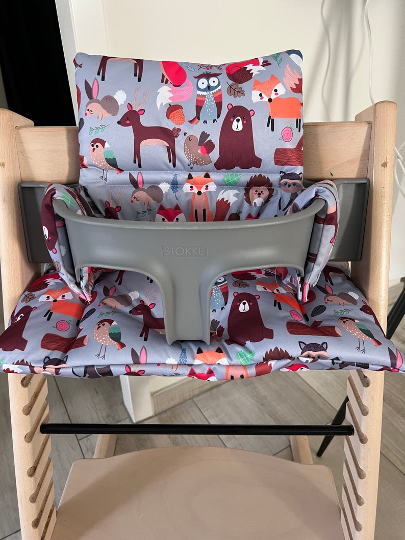 Waterproof cushion covers for Stokke Tripp Trapp high chair. Water-repellent, waterproof forest animals grey/lilac image 1