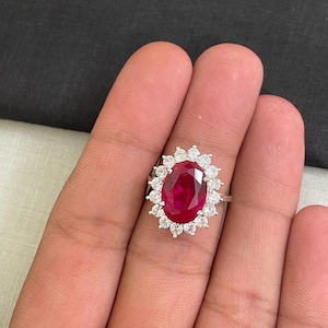 Lab Created Red Ruby Halo Ring In 925 Sterling Silver Handmade Engagement Ring For Bridal A Perfect Ring For Women Gifted Item Ring Jewelry