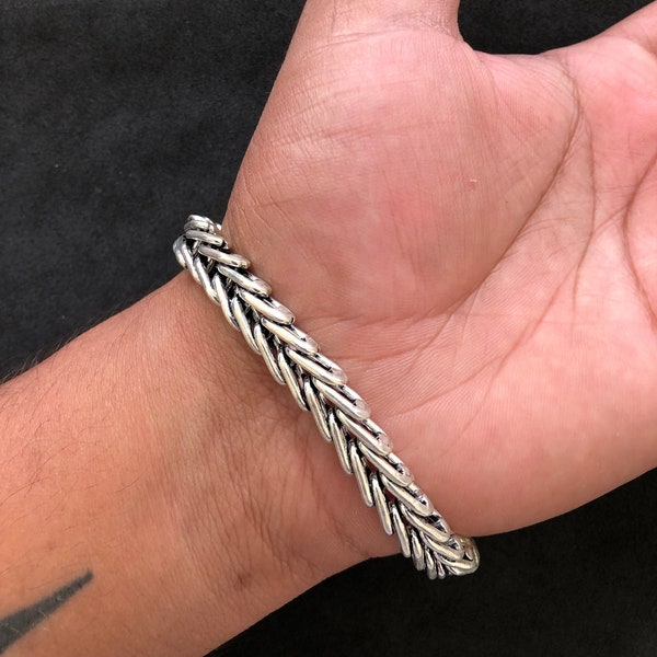 92.5 Sterling Silver Foxtail Chain Bracelet, 8 Inch Men's Foxtail Chain Bracelet, Oxidized Bracelet, Gift For Him/Boys/Son