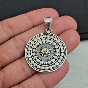 Tribal Pendant, Large Tribal Mandala Pendant, 925 Sterling Silver Round Ethnic Pendant, Folk Boho Floral Pendant, Large Medallion Pendant