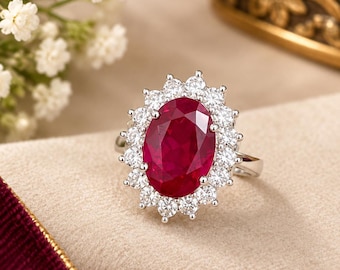 Anillo de rubí y moissanita, anillo de plata de ley 925, anillo ovalado con halo de rubí, anillo de piedra preciosa roja, anillo de oro o plata, anillo de compromiso llamativo, regalo
