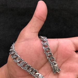 Solid 925 Sterling Silver Cuban Link Chain Bracelet, Oxidized Curb Bracelet For Men, 8Inches Handmade Filigree Bracelet, Bali Chains Gift image 2