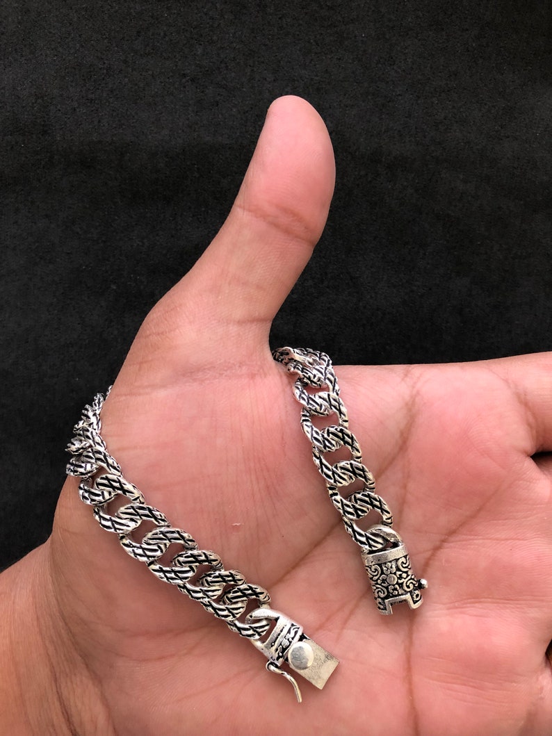 Solid 925 Sterling Silver Cuban Link Chain Bracelet, Oxidized Curb Bracelet For Men, 8Inches Handmade Filigree Bracelet, Bali Chains Gift image 2