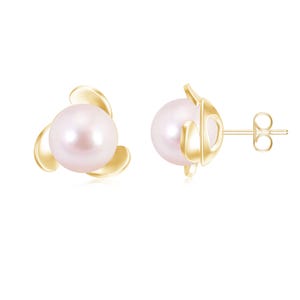 Akoya Pink Pearl Stud Earrings in 925 Sterling Silver Fan Shape Studs, Smooth Ball Solitaire Stud For Mother, Floral Studs, Pink Pearl Studs
