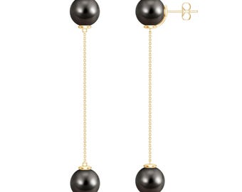 Black Pearl Dangling Earrings, Tahitian Pearl Two Balls Earrings, Pearl Dangle Earring, June Birthstone Earrings, Chain Pearl Dangle Earring