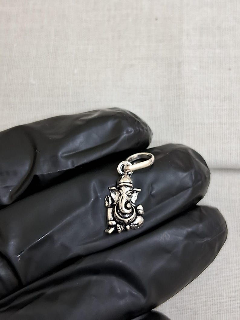 Pu&ograve; includere: Un piccolo ciondolo in metallo color argento che presenta una dettagliata rappresentazione tridimensionale della divinit&agrave; Ganesha in posizione seduta. Il ciondolo include un anellino circolare sulla parte superiore per l'aggancio a una catena.