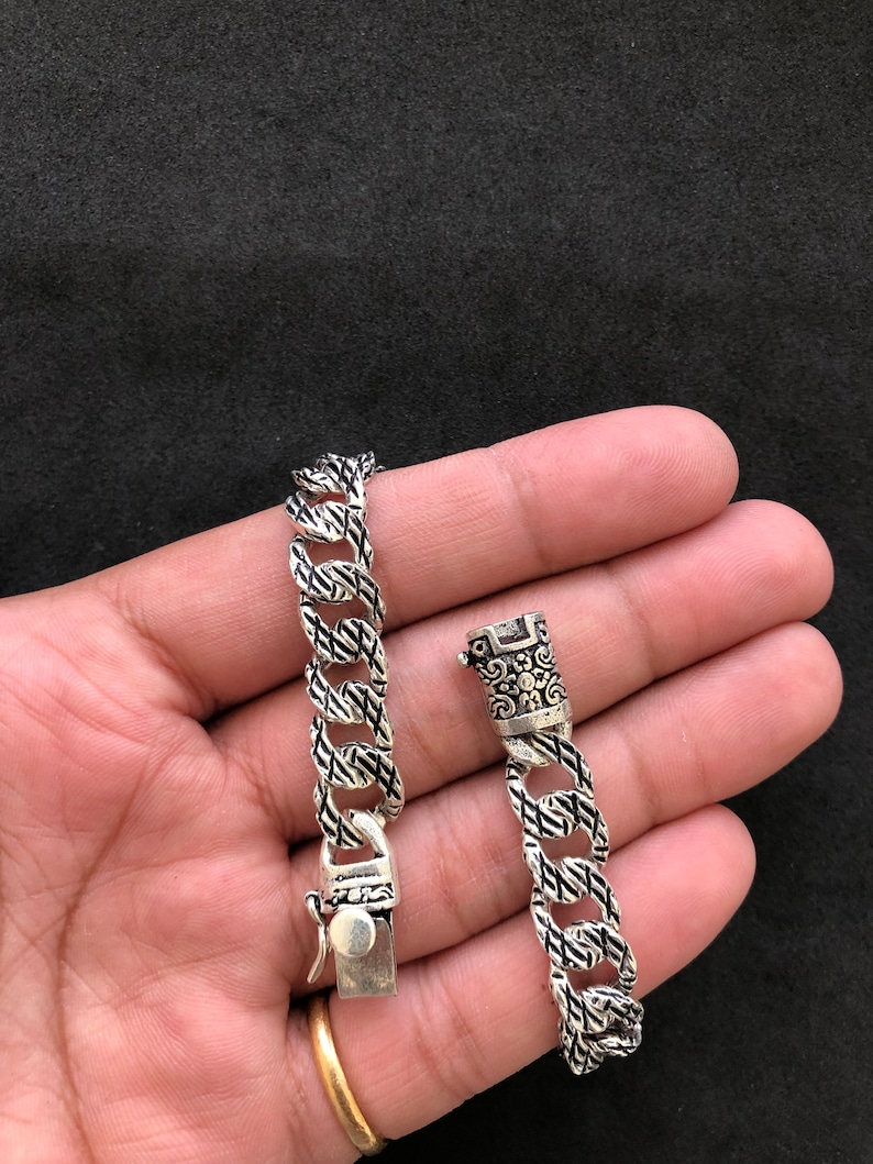 Solid 925 Sterling Silver Cuban Link Chain Bracelet, Oxidized Curb Bracelet For Men, 8Inches Handmade Filigree Bracelet, Bali Chains Gift image 3