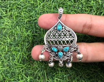 Turquoise Oxidized Pendant | 925 Sterling Silver Pendant | Bollywood Pendant | Four Stone Pendant | Party wear |  Handmade Gemstone Pendant