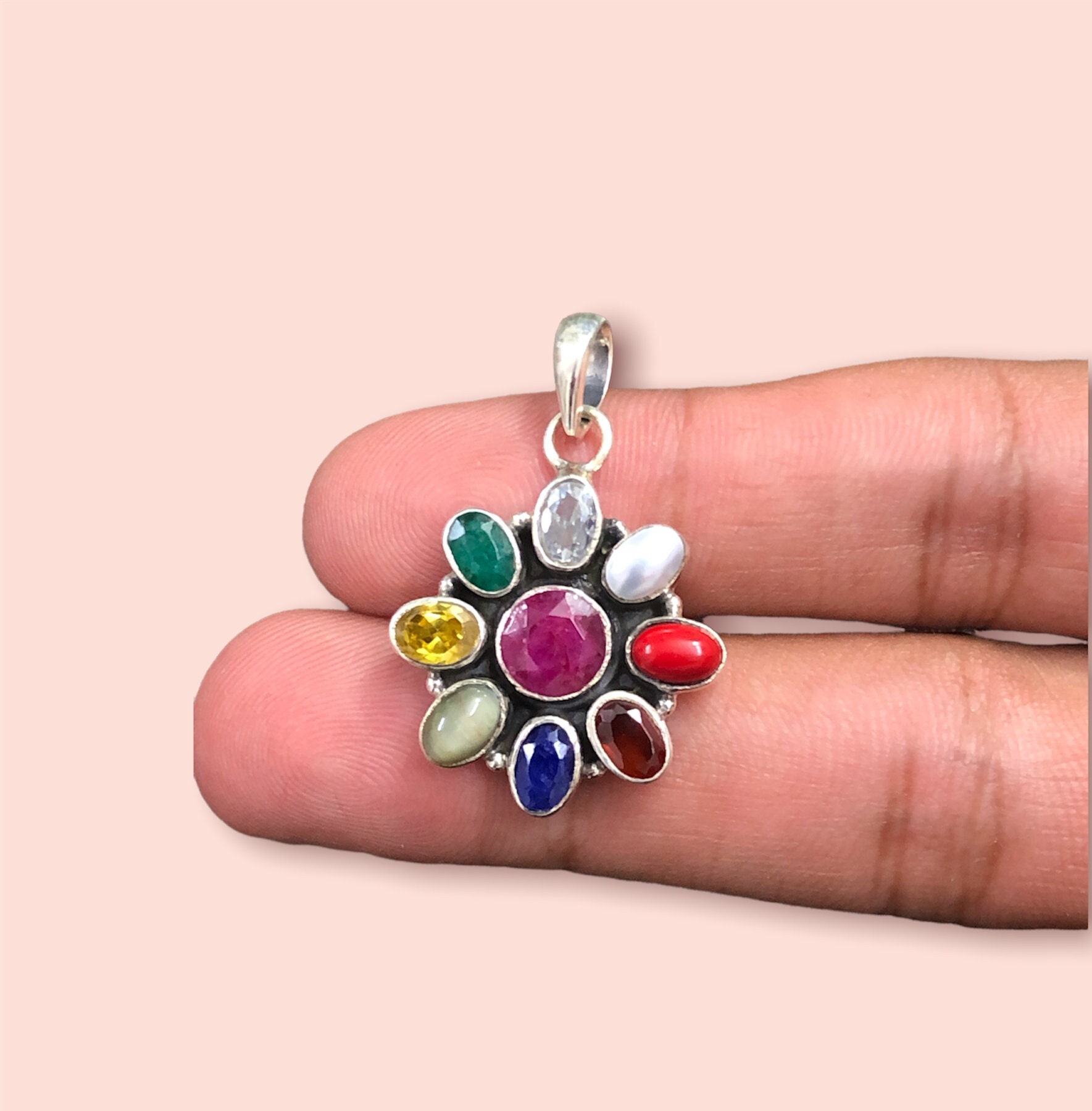 Navratna Gemstone Pendant, 92.5 Sterling Silver Pendant, Precious Nine