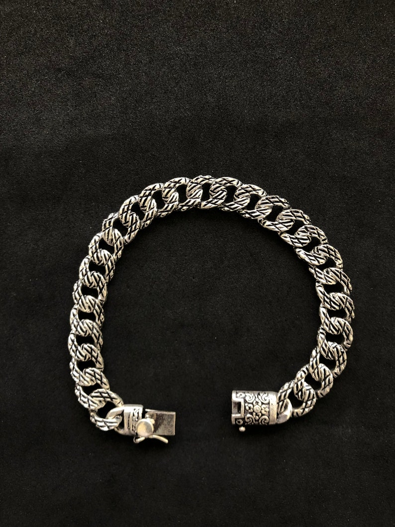 Solid 925 Sterling Silver Cuban Link Chain Bracelet, Oxidized Curb Bracelet For Men, 8Inches Handmade Filigree Bracelet, Bali Chains Gift image 6