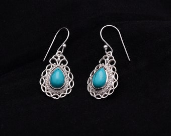 Turquoise Pear Shape Drop Earrings, 92.5 Sterling Silver Earring, Handmade Earring, Minimalist Turquoise Earrings, Christmas Gift,  For Mom