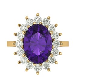 Top Quality Purple Amethyst Oval Cut Halo Ring In 925 Sterling Silver Engagement Ring For Bridal, Amethyst With Zircon Halo Solitaire Ring