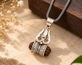 Ciondolo Trishul Damroo Rudraksha in argento sterling 925, ciondolo tridente del Signore Shiva realizzato a mano, gioiello sacro spirituale Mahadev per uomo e donna