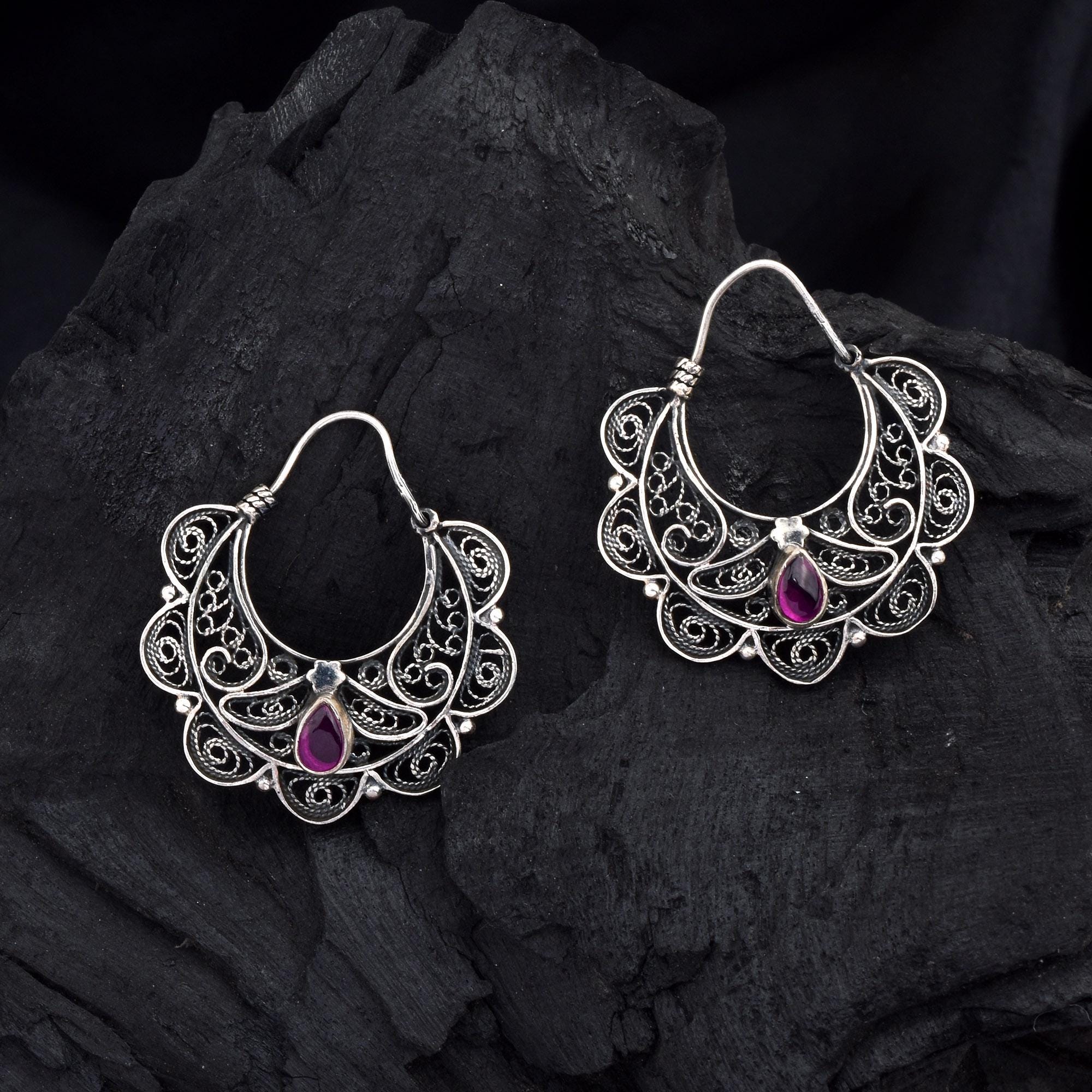 Filigraanoorbellen, 925 sterlingzilveren Rhodoliet-granaatoorringen, Indiase Bali-oorbellen voor vrouwen, handgemaakte designer oorbellen sieraden