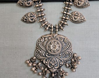 Beautiful Ethnic Indian Oxidized Necklace, 925 Sterling Silver Floral Necklace, Traditional Indian Bohemian Necklace, Statement Jewelry
