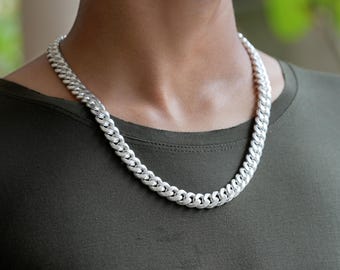 Italiensk kubansk länkkedja i massivt sterlingsilver på 10 mm, massiv Miami-kubansk kedja på 21 tum, unisexkedja, present till brudgummen, bror, honom