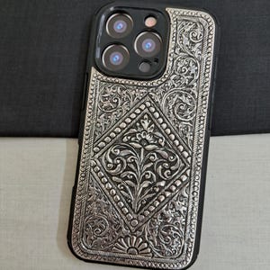 Funda para iPhone de plata maciza de ley 925, funda para iPhone 16 Pro hecha a mano, funda de nuevo diseño, funda para teléfono con diseño floral, regalo para ella imagen 5