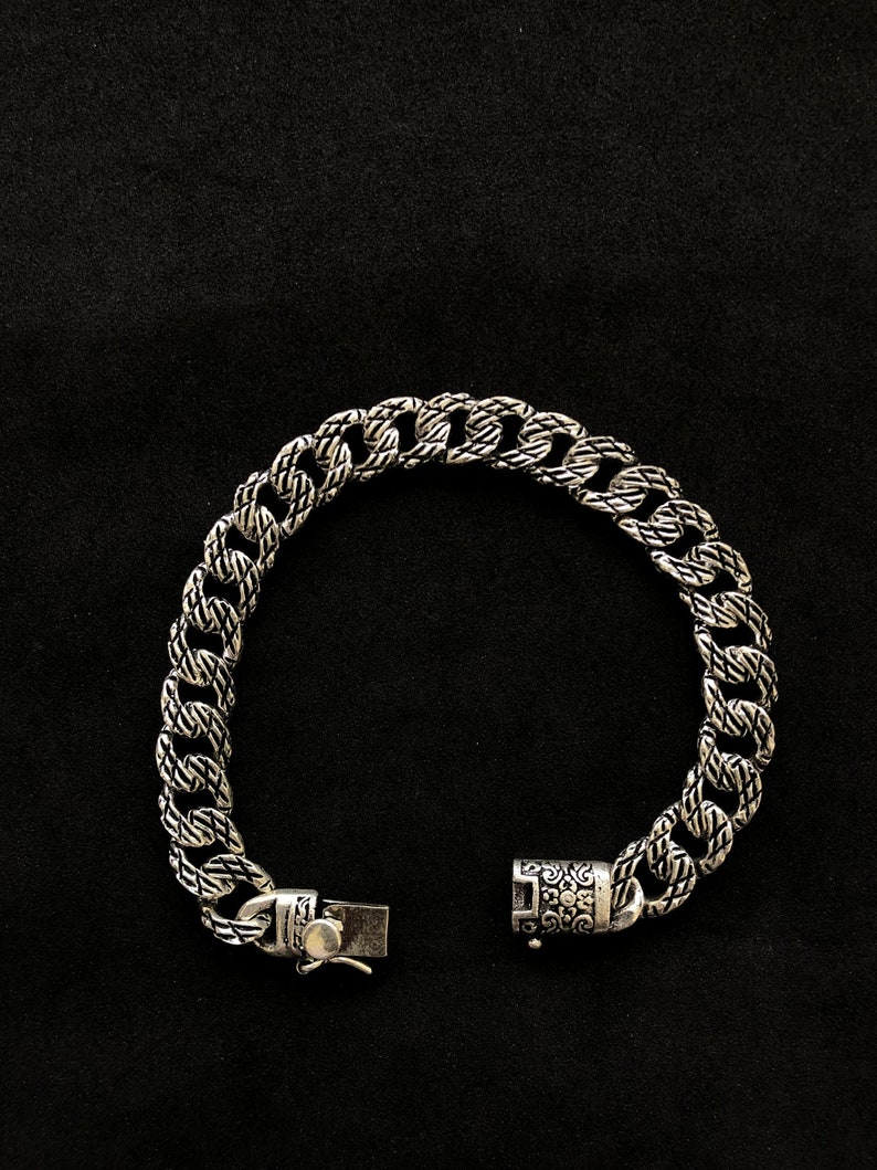 Solid 925 Sterling Silver Cuban Link Chain Bracelet, Oxidized Curb Bracelet For Men, 8Inches Handmade Filigree Bracelet, Bali Chains Gift image 1