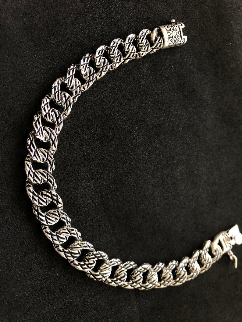 Solid 925 Sterling Silver Cuban Link Chain Bracelet, Oxidized Curb Bracelet For Men, 8Inches Handmade Filigree Bracelet, Bali Chains Gift image 5