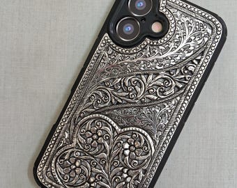 925 Sterling Silver  Iphone 16 Back Case, Handmade Phone Cover, Oxidized Phone Covers, Anniversary Gift, BrideGroom Silver Gift, Birthday