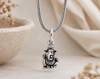 925 Sterling Silver Ganesha Pendant, Oxidized Silver Ganesh Necklace, Small Lord Ganesha Charm, Hindu Elephant God Jewelry, Good Luck Gift