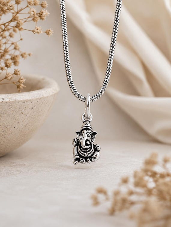 925 Sterling Silver Ganesha Pendant, Oxidized Silver Ganesh Necklace, Small Lord Ganesha Charm, Hindu Elephant God Jewelry, Good Luck Gift