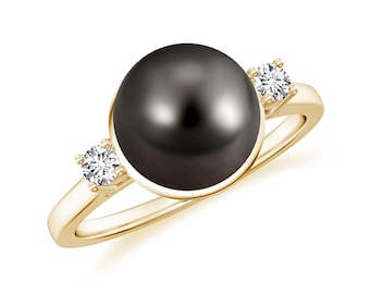 Tahitian Pearl Ring for Women, Tahitian Pearl Solitaire Ring, Tahitian Pearl Ring with Moissanite, Three Stone Ring, 8 MM Black Pearl Ring