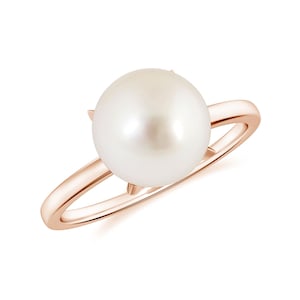 natural White Pearl Solitaire Ring For Women, Sterling Silver 8mm Plain Ball Prong Set Ring For Engagement & Wedding Ring For Women Bridal