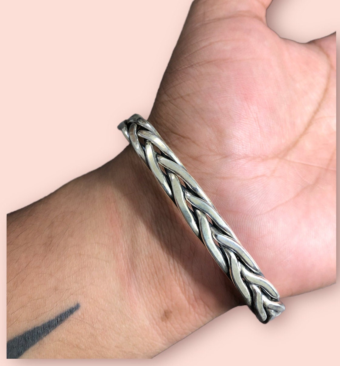8mm Silver Braid Bracelet, 925 Sterling Silver Men's Cuff Bracelet